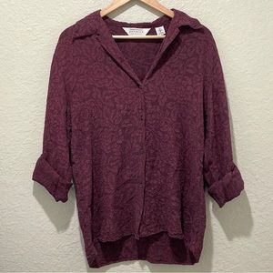 Vintage Express 100% Pure Silk Floral Embossed Plum Button-up Blouse, size S